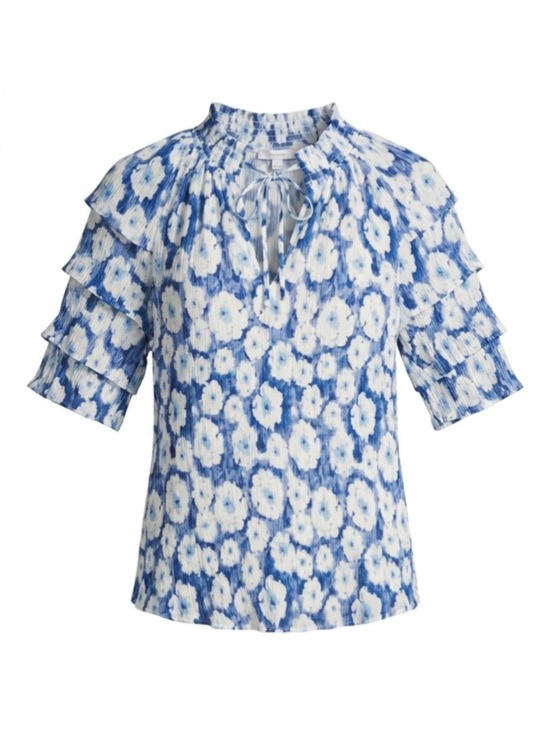 Rails Tops - Rails Paris Top womens XS blue floral print crepey material tiered sleeve blouse